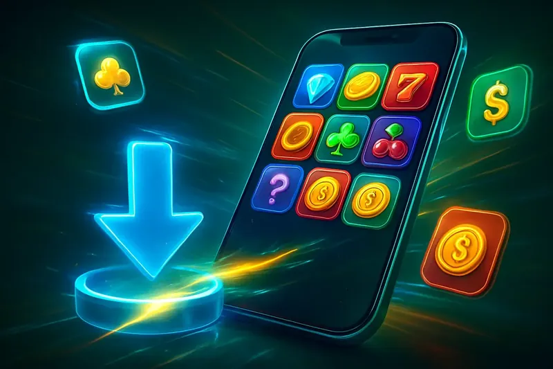 Glossy smartphone casino app banner with neon download effects