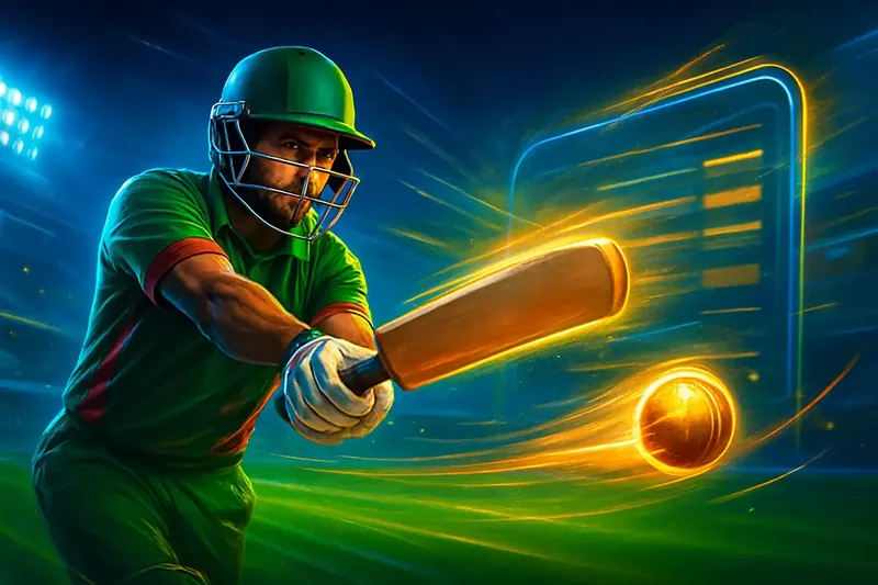Cricket batter striking ball under stadium lights in dynamic sportsbook banner
