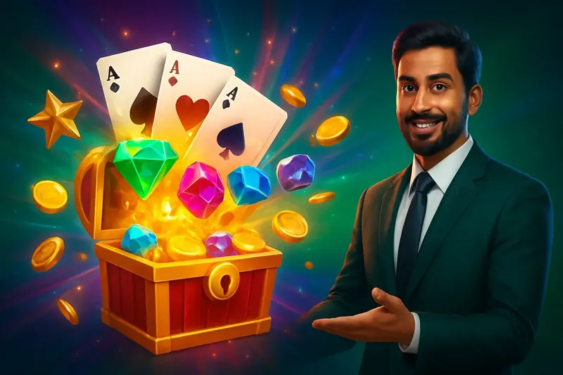 Glowing reward chest with cards, coins, gems, and stars bursting outward