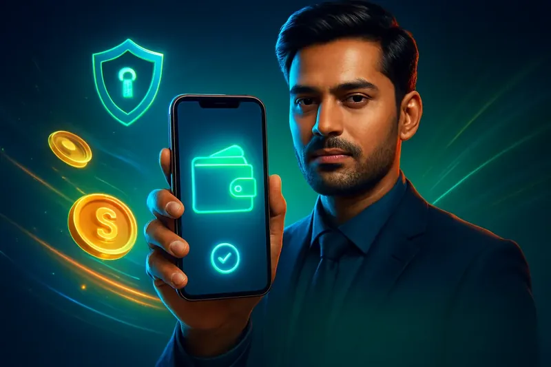 Hand holding smartphone with secure mobile wallet, coins, and speed light trails