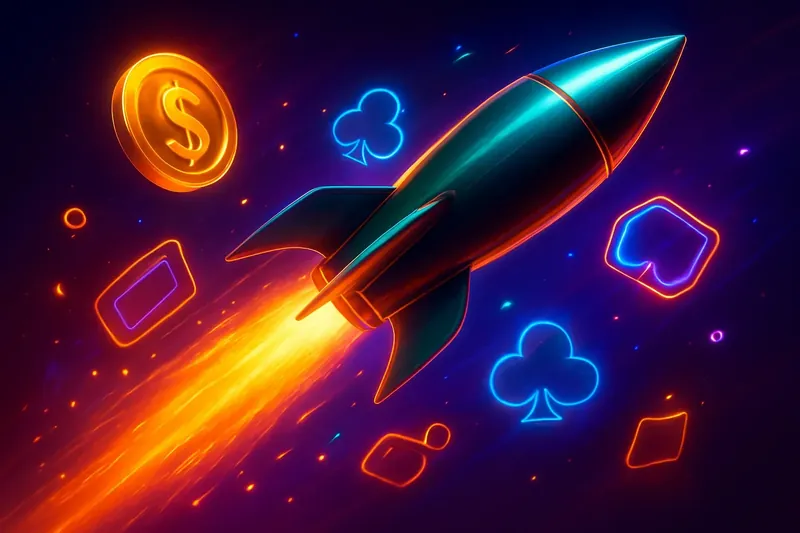 Glossy rocket launch casino banner with neon speed trail and game particles