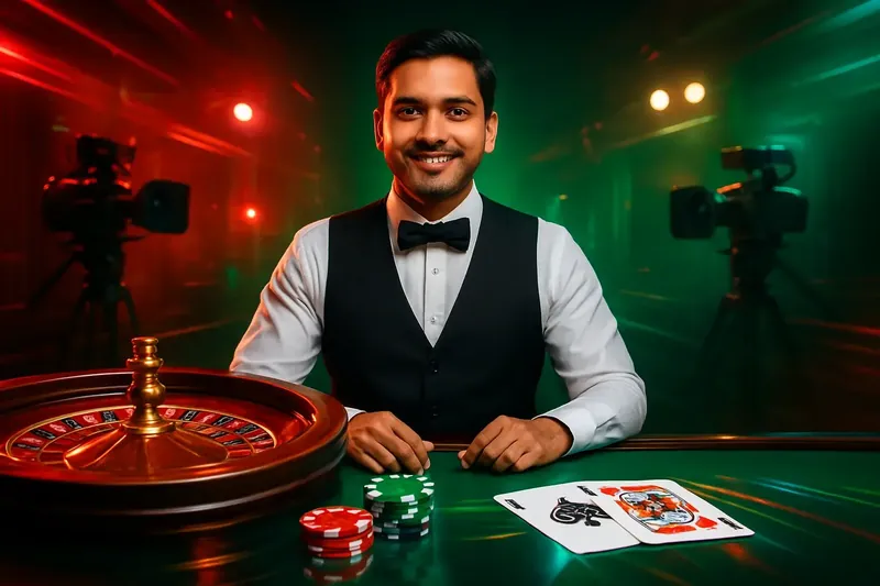 Friendly professional live dealer with roulette, cards, chips, and studio lights