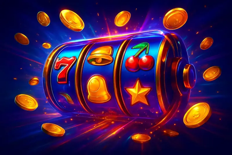 Colorful spinning slot machine reels with coins, sparkles, and neon glow